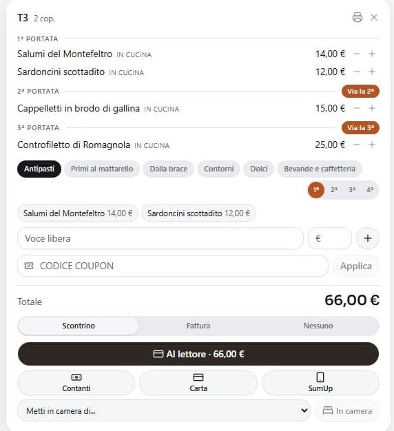 Il conto del tavolo T3 in cassa, pronto per il lettore